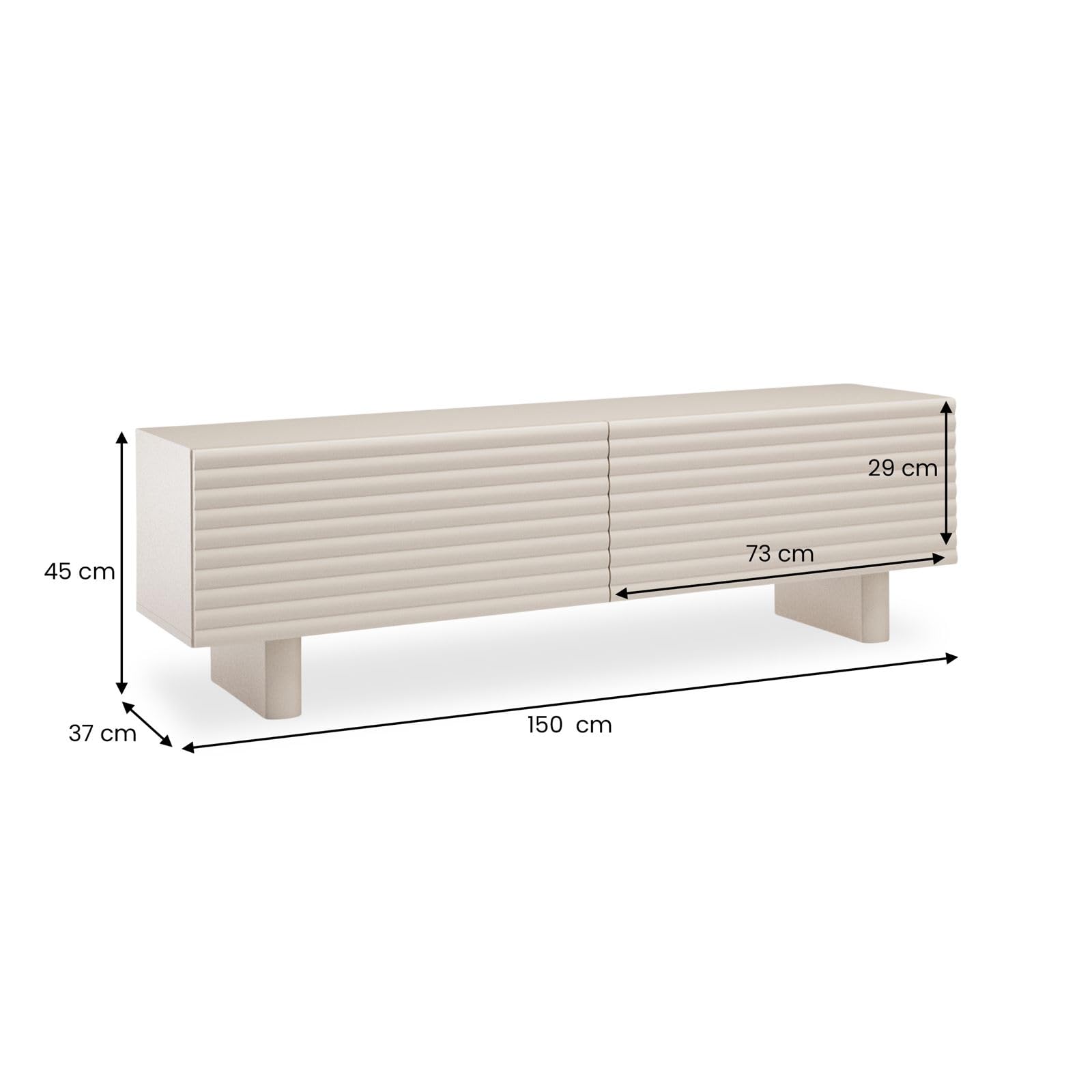 IDIMEX Meuble TV Turku L 150 cm avec 2 Portes Style Cannelé Couleur Blanc Cachemire, Design Moderne et Façade Rainurée, pour Téléviseurs de 32" à 65"