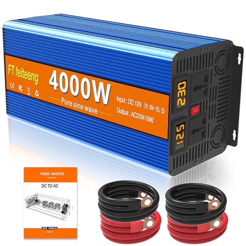 4000W/8000W (Peak) Wechselrichter Reiner Sinus 12V auf 230V，Solar Power Inverter mit 2 LCD-Bildschirme, 2 AC Steckdosen，KFZ Spannungswandler für Fahrzeuge Solar Auto Wohnmobil Haushaltsgeräten