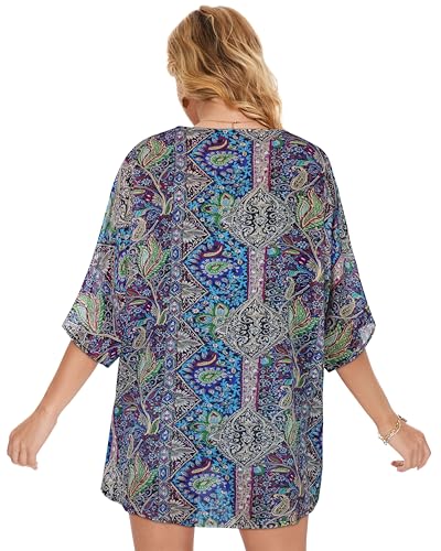 Image of Women's Floral Print Puff Sleeve Kimono Cardigan Loose Cover Up Casual Blouse Tops 2026