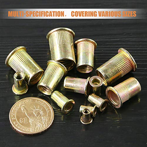 Keadic 140 Stk Nietmuttern Set, Blindnietmuttern, Flachkopf Gewindehülsen Einschraubmutter Sortiment, Kohlenstoffstahl Farbzink Einnietmuttern - M3/M4/M5/M6/M8/M10