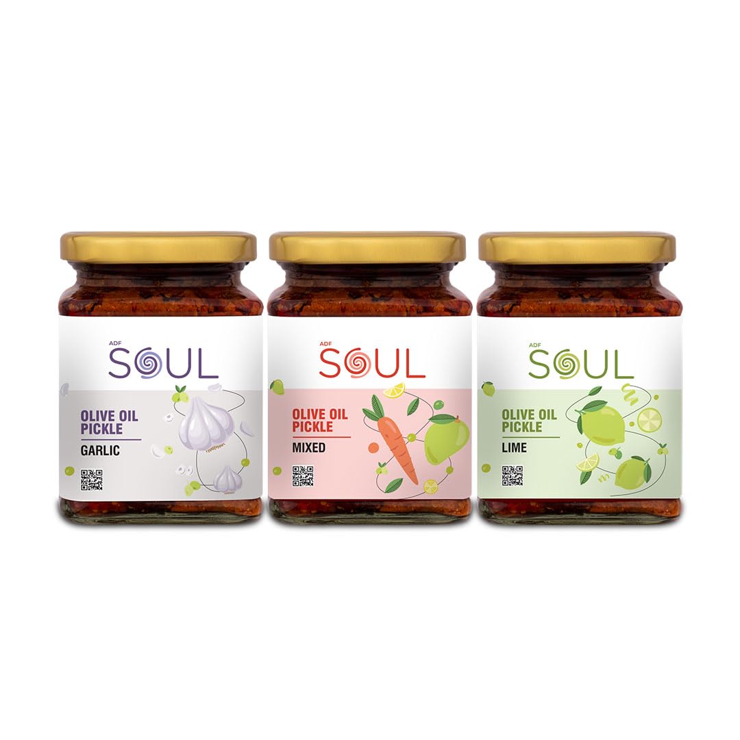 SOUL Pickle In Olive Oil Combo Pack of 3 (Mixed Pickle 265 GM + Lime Pickle 275 GM + Garlic Pickle 275 GM)