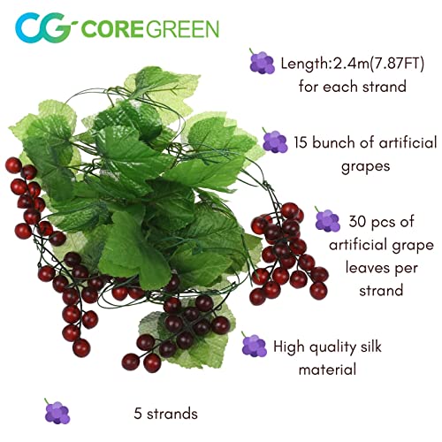 Coregreen Artificial Greenery Faux Grape Leaf Vines 5Pcs 7.8Ft With 5 Bunch Of Fake Grapes Fake Hanging Vines Grapevine Garland Plants For Home Bedroom Wall Wedding Birthday Party Decoration #TOP2