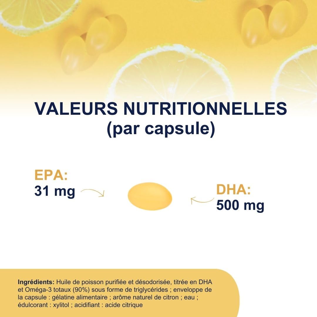 VitaDHA 1000 – Omega -3 Supplément alimentaire DHA - précieux pendant la grossesse et l'allaitement - alliée pour la santé du cerveau, cœur et vision - Saveur de citron - 60 gélules