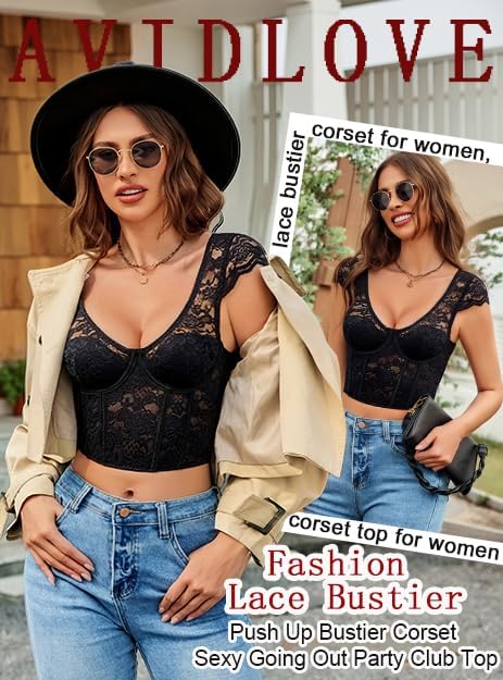Avidlove Corset Tops for Women Floral Lace Bustier Cap Sleeve Crop Top Sexy V Neck Going Out Outfit with Buckle - Image 8