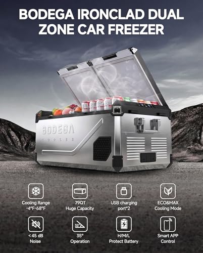 Image of BODEGA Stainless Steel 12 Volt Car Refrigerator, 79 Quart Portable Freezer Car Fridge Dual Zone With APP Control, -4℉-68℉ Electric Cooler, 12 /24V DC and 100-240V AC, for Vehicles,Camping, RV, Outdoor