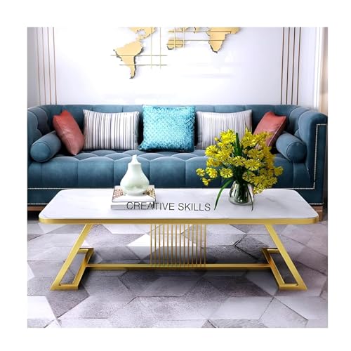 Image of Marble-Look Rectangular Coffee Table with Engineered Wood Top & Heavy-Duty Metal Frame Premium Center Table for Living Room & Office Easy DIY Assembly (90 x 45 x 45 cm) (White Gold)