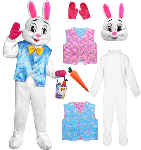 HarnyLoom Easter Bunny Costume Adult - Deluxe Easter Bunny Suit Plush Rabbit Mascot Outfit Blue & Rose Reversible Vest with Basket - Perfect for Easter Parades Cosplay Holiday Events