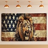 Lion American Flag Emblem Backdrop, Patriotic Vintage Fierce Animal Scene Backdrops, Independence Day Indoor/Outdoor Decor for Photography 71x43 Inch