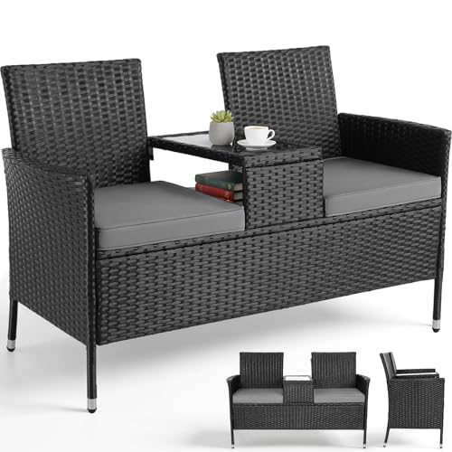 Clevich Polyrattan Gartenbank mit Tisch, Balkonmöbel 2er Set mit Weicher Sitzkissen, Gartenmöbel Set für Kleinen Balkon, Wetterfest, UV-beständig, Outdoor Sitzbank für Terrasse, Garten (Schwarz)