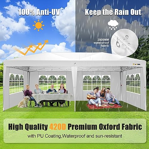 Image of HOTEEL 10x20 Pop Up Canopy Tents for Parties, Outdoor Tent with 6 Sidewalls & 8 Wind-Resistant Rods & Carry Bag, Easy Setup for Wedding, Patio Events, Commercial, Waterproof and UV50+ Protection,White