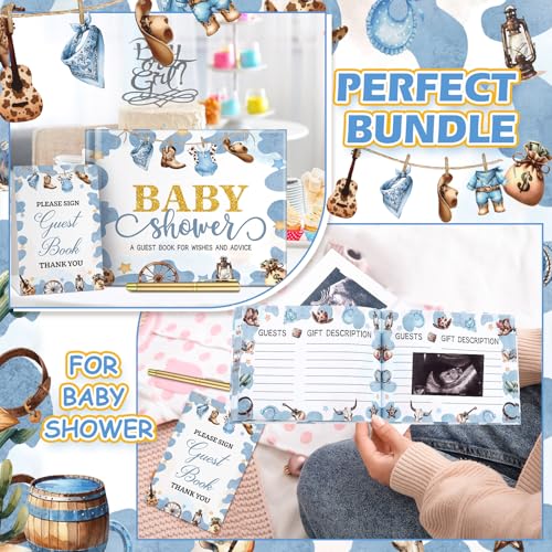 Image of Fuyoooo 27 Pcs Baby Shower Guest Book Baby Shower Sign in Guest Book Reception with Sonogram Page Keepsake Includes Gold Pen Table Card and Adhesive Photo Corner for Birthday(Western Cowboy)