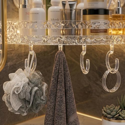 Image of LINEAR Wall Mounted Storage Rack with Hooks | Plastic Bath Shelf Organiser | Self Adhesive Bathroom Shelf | Crystal Pattern Design, Shelf for Bathroom Accessories (1)