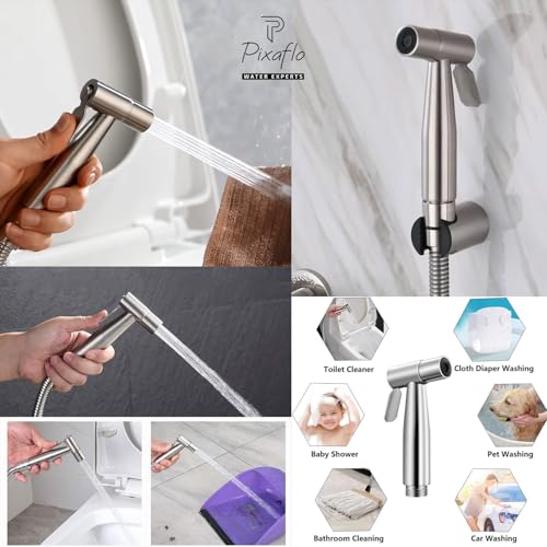 Image of Pixaflo Stainless Steel Health Faucet Set for Bathroom | Heavy Duty Jet Spray with 1.5 Meter Flexible Shower Hose & Wall Hook | Leak Resistant Toilet Spray Gun | Brushed Steel Finish