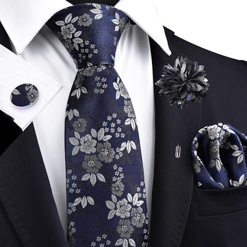 Image of GUSLESON 3.15 inch(8cm) Mens Floral Tie and Lapel Pin Necktie Hankerchief Cufflinks Set for Men