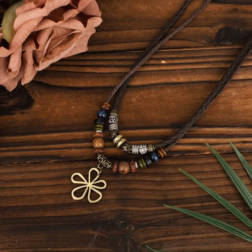 Mikovivi Mehrlagige Boho Halskette mit Holzperlen, Bohemian Hippie-Stil Halskette mit Hohlem Blumenanhänger Vintage Schmuckaccessoires im Ethnischen Stammesstil für Damen und Herren