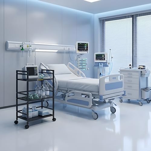 Image of 4-Tier Heavy-Duty Metal Medical Storage Trolley | Movable Utility Cart with Wheels for Clinic, Hospital & Home Use | Multipurpose Rack for Medicines, Gloves & Equipment (Black)