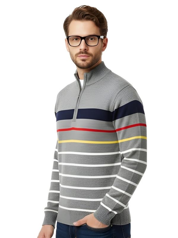 forwards Striped Turtle-Neck Full-Sleeve Quarter-Zip Knitted Sweater for Men-picture-48