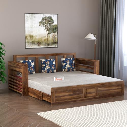 Image of Ganpati Arts Solid Sheesham Wood 3 Seater Lurid Sofa Cum Bed with Side Pocket for Living Room Bed Room Wooden Bedroom Furniture for Home (Teak Finish)