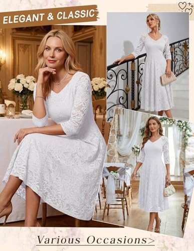 Image of Dressystar Womens Long-Sleeve Wedding Guest Dress A-Line Lace Formal Party Cocktail Midi Dress Prom Gown