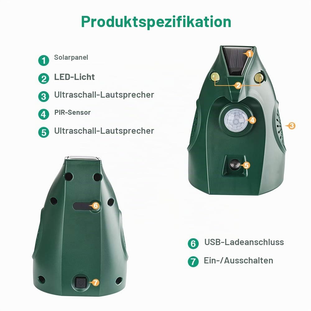 Solarbetriebenes Katzenschreck für Garten, Katzenschreck Ultraschall Solar wasserdichte, Garten Katzenabwehr Marderschreck USB Aufladung, Automatisch Katzen Tiervertreiber für Hunde, Tauben