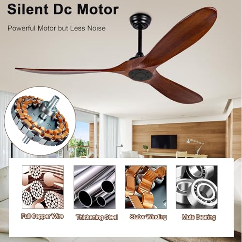 Image of 60 inch Ceiling Fan [No Light with Remote Control], Indoor Outdoor Ceiling Fan [with 3 Wooden Blades] for Patio, Living Room, Bedroom, Office, Farmhouse. Black + Walnut Color.