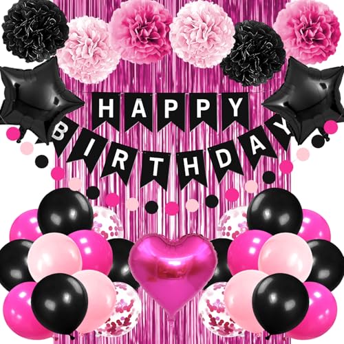 Iysoll Pink and Black Birthday Party Decorations for Girls Happy Birthday Banner Hot Pink and Black Balloons Pom pom Flower Confetti Foil Fringe Curtain Party Dcor for Girls Women