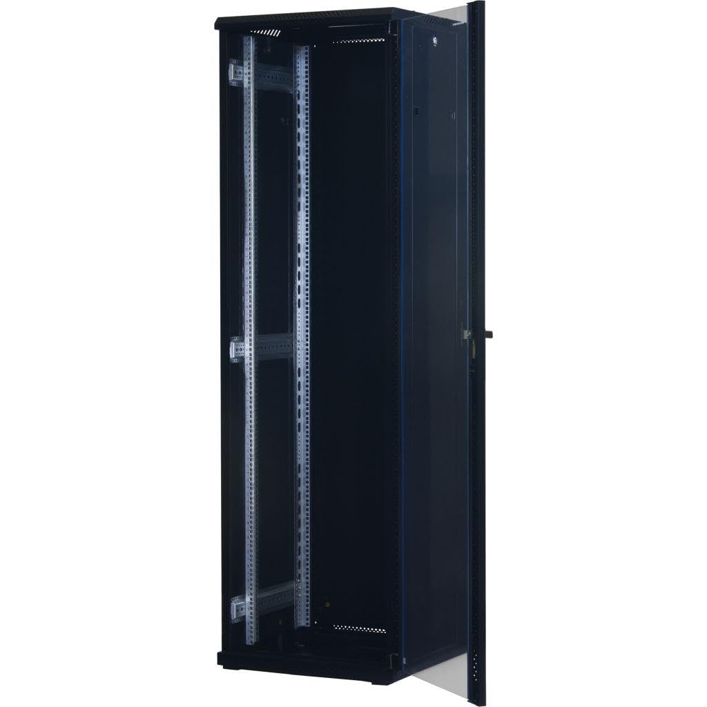 Rockstable 42HE 19 Zoll Serverschrank Netzwerkschrank (BxTxH) 600x600x2000mm mit Glastür - Türanschlag wechselbar - Türen und Seitenwände abnehmbar und verschließbar - Schwarz (RAL 9005)