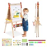 Chevalet Peinture Enfant, Chevalet d'art Réversible en bois pour Enfants, Planche à dessin Réglable en Hauteur avec Brosse, autocollants de bande dessinée et Papier Rouleau, 2 à 15 ans (Rouge)