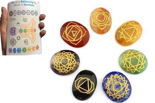 Reiki Chakra Stones and Crystals Collection Oval Shaped Worry Stone Set of 7 Chakra Engraved Stones Natural Palm Gemstone Reiki Chakra Crystal Healing Stone Kit Lucky Stone for Money Christmas Gift