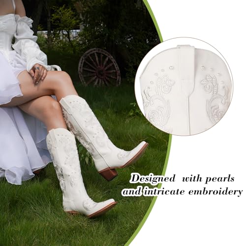 Image of Cowboy Boots for Women Pearl Embroidered Cowgirl Boots Western Chunky Heel Mid Calf Boot with Zipper