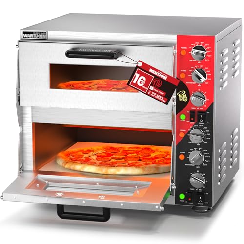 Image of WantJoin ETL Listed Commercial Indoor Pizza Oven 16 Inch Countertop Double Decker Electric Pizza Ovens with Pizza Stone, 60-Min Ring Timer, For Restaurant, 3200W,Sliver