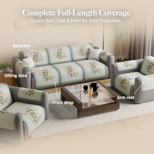 Image of Kuber Industries 5 Seater Sofa with Arm Cover | Slipcover for Living Room | Thick & Cozy | Non-Slip Comfort Sofa Cover Set | Paradise 1137 Number - Olive Green
