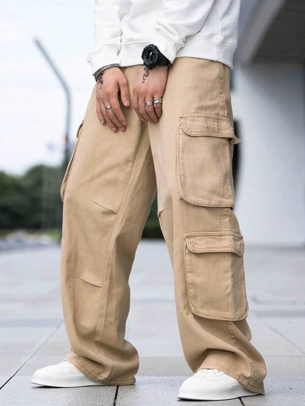 Image of Men's 8 Pocket Cargo Pants | Premium Cotton Twill Baggy Fit Trousers | Stretchable Casual Streetwear Cargos | Mid Rise
