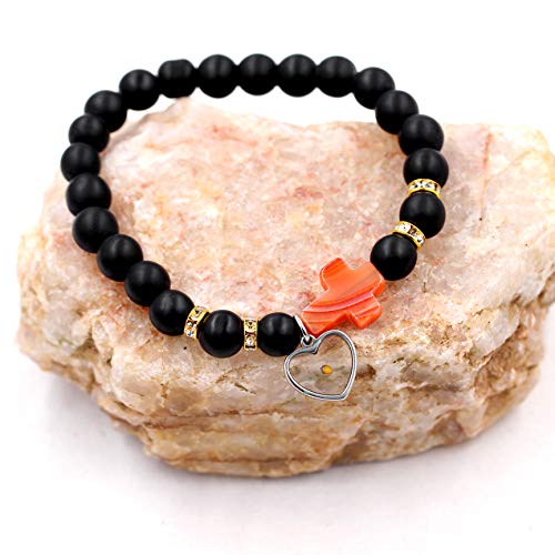 Image of Uloveido Black Agate Side Cross Bracelet Mustard Seed Charms, Personalized Letter A-Z Tiger's Eye Bangle Y944
