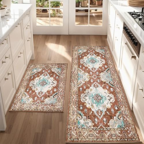 Yancorp Kitchen Rugs and Mats Sets, 2 Pieces Kitchen Runner Rug Non Slip Washable Kitchen Rug for Floor Bathroom Rugs,Kitchen,Hallway,Office,Sink,Laundry,Orange
