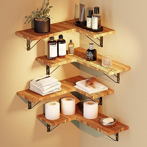Kegii Floating Corner Shelves For Wall, 4 Set Decorative Shelves - Corner Floating Shelf With 8 Pack Black Mounting Brackets, Rustic Brown #TOP1