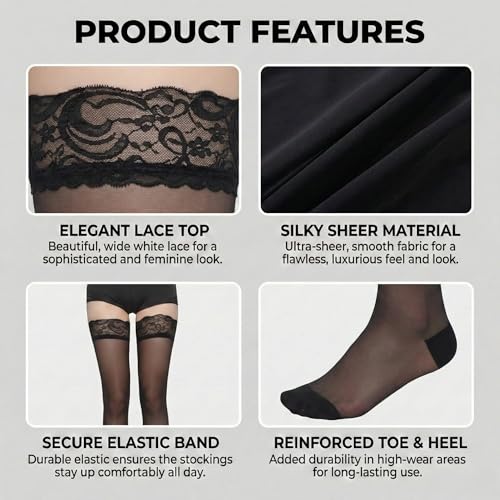 Image of Kraptick Women's Thigh High Stocking with Lace Top Soft & Stretchable Nylon Stockings Non-Slip Hold-Up Stockings for Regular Use & Comfort Fit-1