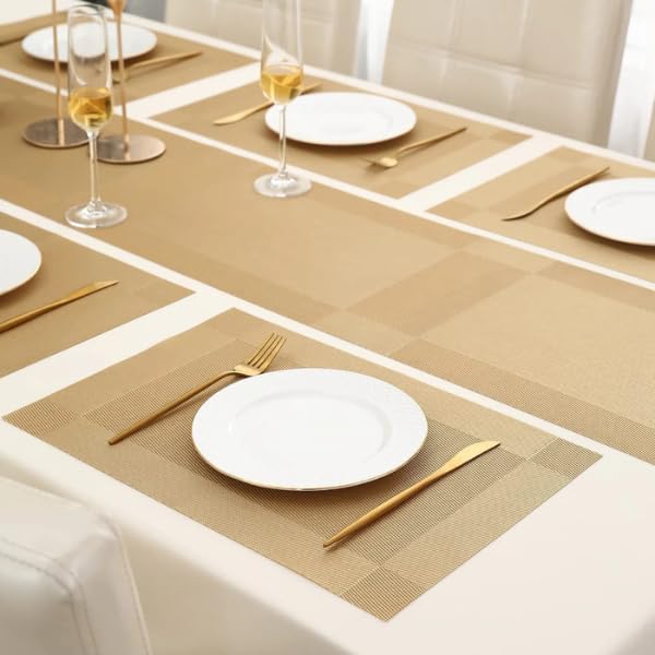 Image of Solitude Placemats Set of 6 Dining Table Place Mats | Placemats Table Mat PVC Material | Non-Slip Heat Resistant | Dining Tablemates Washable Anti-Skid | Size 45 x 30 CM (Gold)