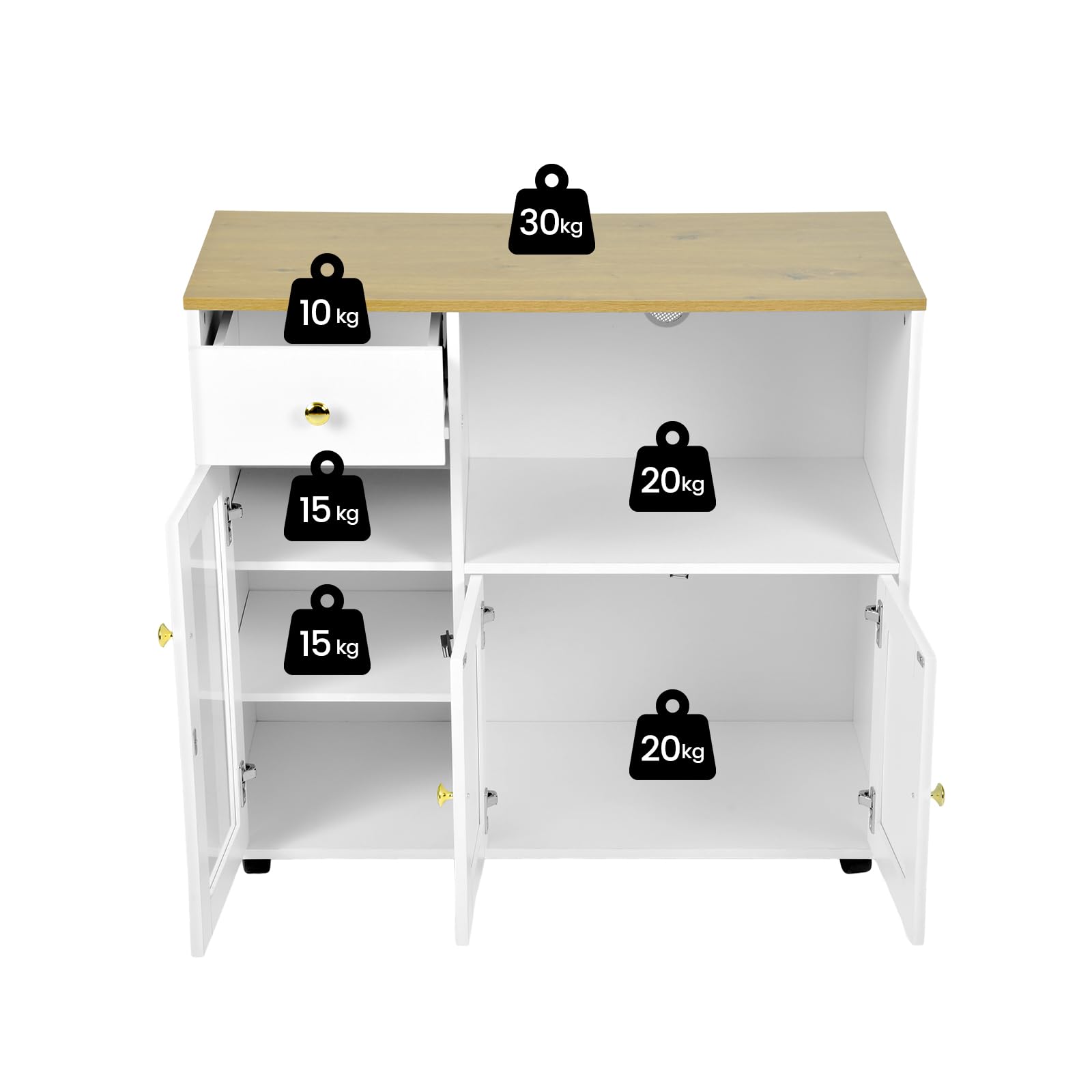 Küchenschrank mit Arbeitsplatte, Buffetschrank, Sideboard Küche mit Mikrowellenregal, Verstellbare Ablagen, für Küche, Esszimmer, Wohnzimmer, Weiß, 90 x 40 x 81.5 cm