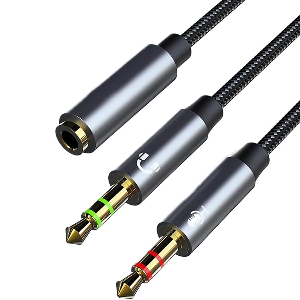 Divisor de auriculares para computadora, 3.5 mm hembra a 2 adaptadores de audio dobles de 3.5 mm macho, compatible con auriculares y micrófonos para juegos (gris)