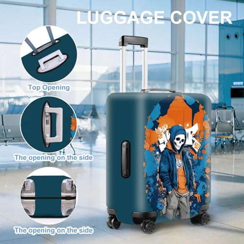 Image of Graffiti Skull Luggage Cover - Trendy Street Style Suitcase Protector with Blue and Orange Hoodie Design - Fits 20 inch to 22 inch Luggage,S