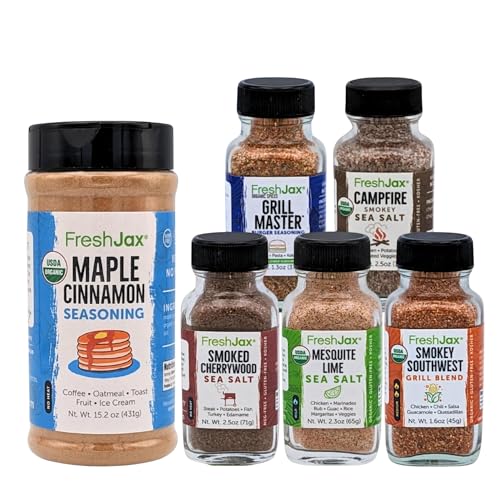 FreshJax Maple Cinnamon and Smoked Seasoning Gift Set Bundle | 5 Sampler Sized and 1 X-Large Bottle | Non GMO, Gluten Free, Keto, Paleo, No Preservative