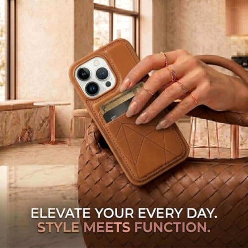 Image of amazon basics Premium Vegan Leather Back Cover with Card Holder and Integrated Mobile Stand for iPhone 14 Pro - Slim Shockproof Wallet Case with Geometric Stitching [Tan]