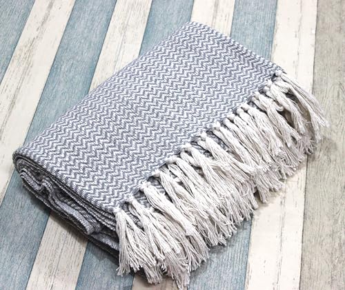 Image of Chevron 78x60 Inch Reversible Cotton Throw Blanket with Tassels| Blanket for Living Room, Sofa, Bed, Chair, Picnic & Used for Gift | Grey Narrow Chevron, Size - 200x150 Cm