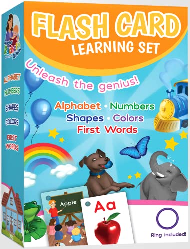Image of Teacher Rachel's Flashcard Set - First Words, Alphabet, Colors, Shapes, and Numbers - Pre K-K Educational Pocket Flashcards for Toddlers - Hole-Punched Cards with Ring Included