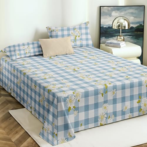 Image of VOMZER King Size (90x100) 300 TC Soft Cotton Feel Microfiber Flat Double Bedsheet with 2 Pillow Covers | Blue Check