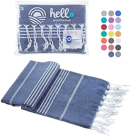 Hello Peshtemal Turkish Beach Towel, 39” x 71”, Ultra Soft and Super Absorbent Handwoven Cotton, Decorative, Beach, Pool, Gym, Picnic or Travel Use, Quick Dry Fabric, (Navy)