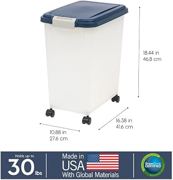 IRIS USA Dog Food Storage Container, Up to 30 lbs, Navy/Pearl, Made in USA