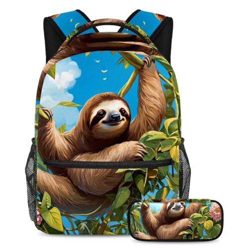 Sac à dos avec trousse paresseux mignon pour l'école et le collège des filles et garçons