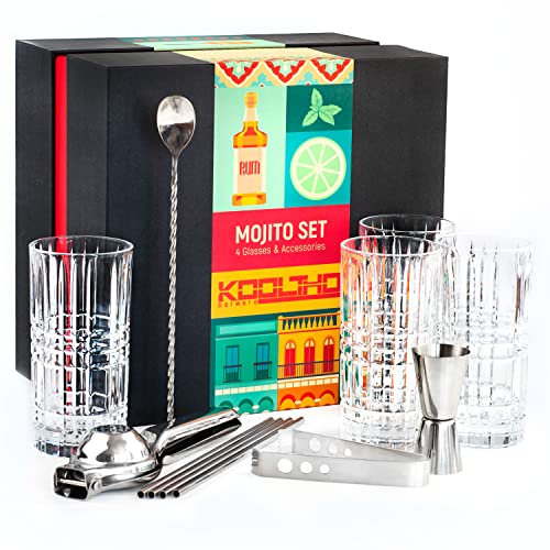 Kit Bicchieri Mojito Vetro Set, Kit Mojito Cocktail Professionale Bicchiere Grande 4 Pezzi con Accessori per Fare Cocktails e Aperitivo, Idee Regalo Donna Uomo Confezione Personalizzabile Originale